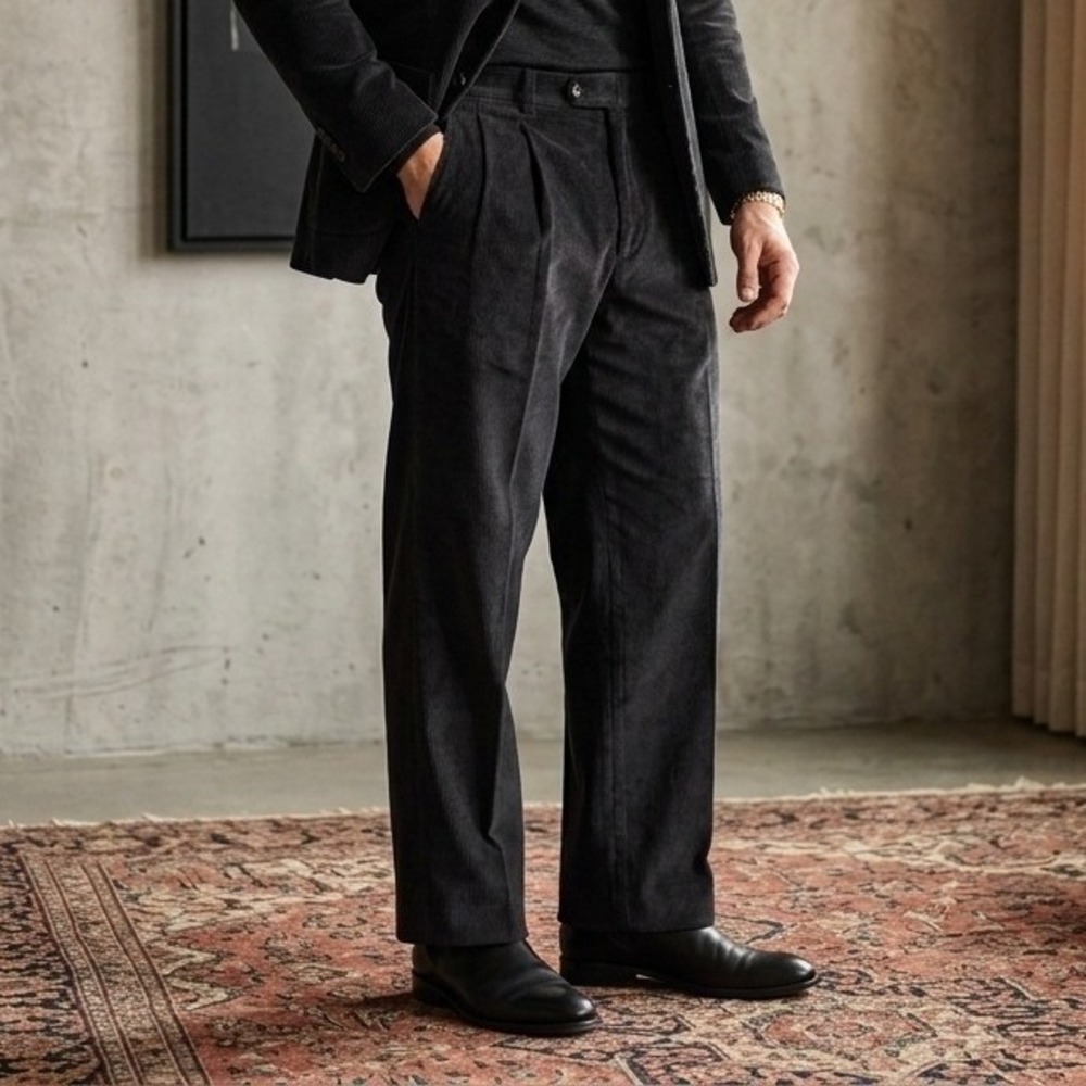 Linea Naturale Mens Black Pleated Corduroy Trousers Size 35 Straight Leg Pants
